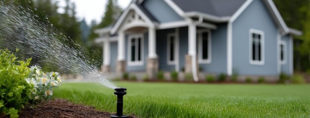 In-ground sprinkler system showers the green grass in front of a modern blue suburban home under bright daylight