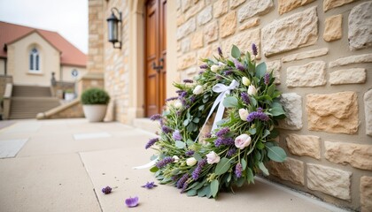 Naklejka premium Funeral wreath by the brick wall