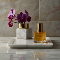Luxurious Perfume Bottle with Orchid and Gold Decor on Marble Tray
