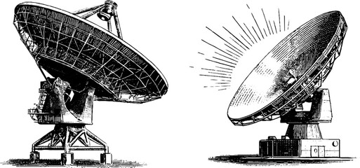 Obraz premium Vintage engraved illustrations of radio telescope dishes for scientific design projects