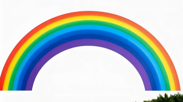 Vibrant rainbow spans across white sky with hint of green treetops below, showcasing all colors of the spectrum