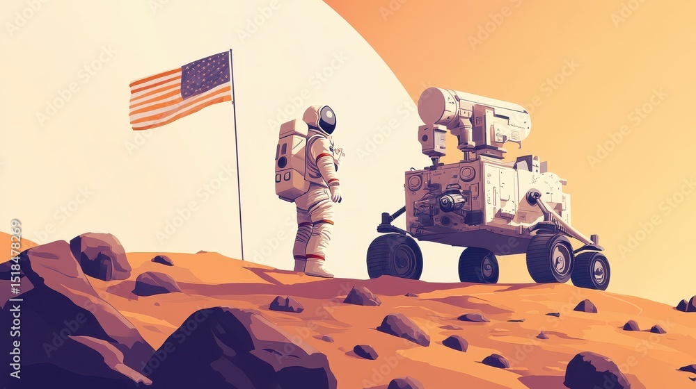Poster astronaut and rover on mars vector illustration. isometric astronaut in a spacesuit with a flag on r