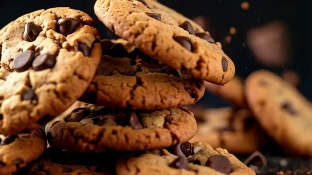 Delicious stack of homemade chocolate chip cookies, tempting treats on a dark background, close-up shot of sweet baked dessert