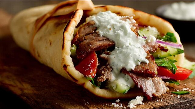 Delicious Gyro wrap filled with meat, vegetables, and flavorful sauce.