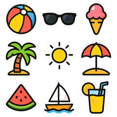 Summer Vacation Icon Collection - Colorful Flat Design Vector Illustrations for Holiday and Beach Themes
