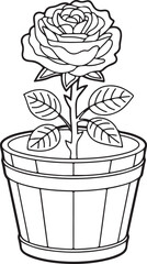 Rose in Flower Pot Line Art silhouette – Black and White Botanical Coloring Page Illustration | Rose Flower in a Wooden Pot