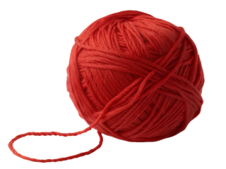 A single ball of red yarn sitting on a white surface with a small loop of yarn extending out from it