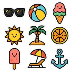 Summer Vacation Icon Collection - Colorful Flat Design Vector Illustrations for Holiday and Beach Themes