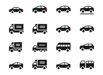 Fototapeta premium Car Truck and Bus Vector Icon Set Black Silhouette Vehicles for Web Mobile App and Graphic Design Projects. vector