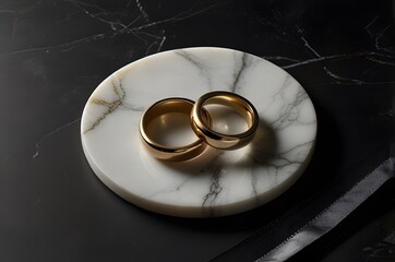 Modern Gold Wedding Rings on White Marble Coaster with Black Background
