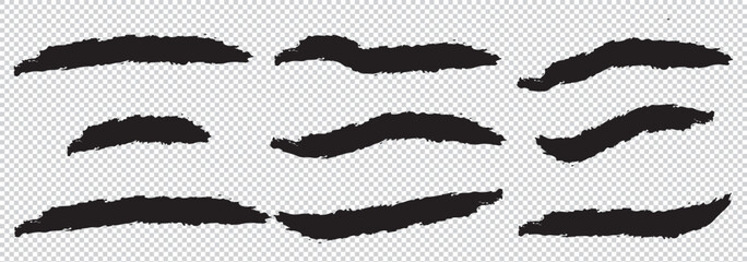 Collection of black brush strokes in different shapes isolated on transparent background Vector illustration EPS 10