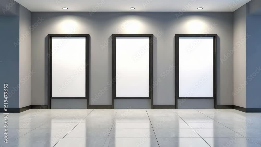 Poster three blank frames hanging on a wall above a gray tile floor creating a mockup space for art or adve