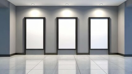 Three blank frames hanging on a wall above a gray tile floor creating a mockup space for art or advertising posters.