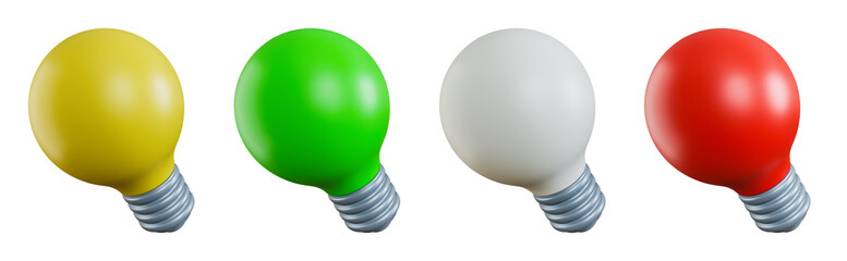 Light bulb icon in different colors isolated on transparent background. 3D render.