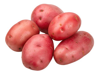 A close up shot showing five red potatoes arranged on a white surface in a studio setting view from above