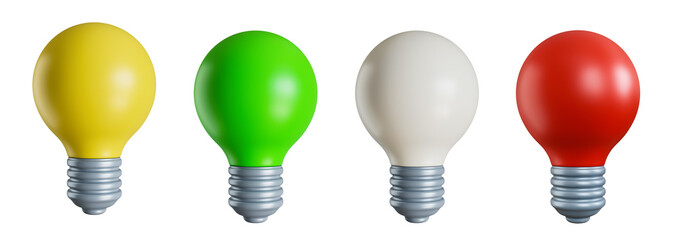 Light bulb icon in different colors isolated on transparent background. 3D render.