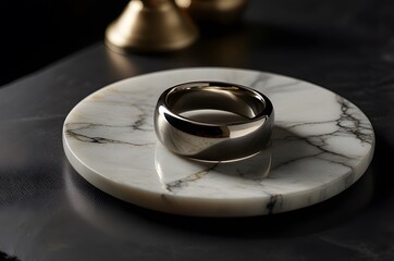 Modern Silver Ring on a White Marble Coaster with Golden Decor
