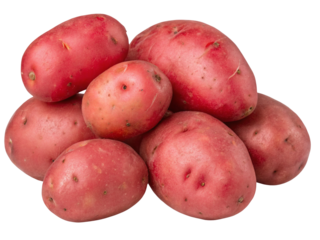 A close up shot showing a group of seven red potatoes piled together on a white background surface area