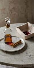 Whiskey Decanter and Cherries on a White Marble Surface Outdoors
