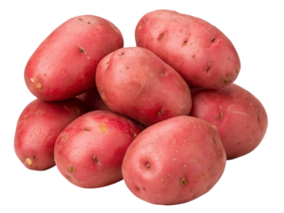 A close up shot displaying a pile of red potatoes with smooth skin against a plain white background view