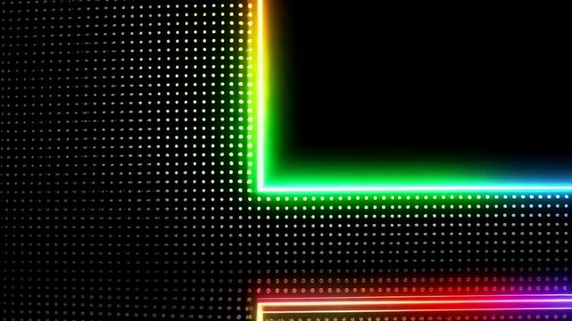 Rectangular glowing frame with vibrant rainbow color spectrum against a backdrop of evenly spaced silver dots creating a modern dynamic effect.