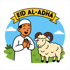 Illustration of a joyful man in traditional attire with a sheep, celebrating Eid al-Adha, symbolizing sacrifice, devotion, and cultural celebration, with a bright outdoor background