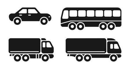 Car Truck  and Bus Vector Icon Set   Black Silhouette Vehicles for Web Mobile App  and Graphic Design Projects. vector