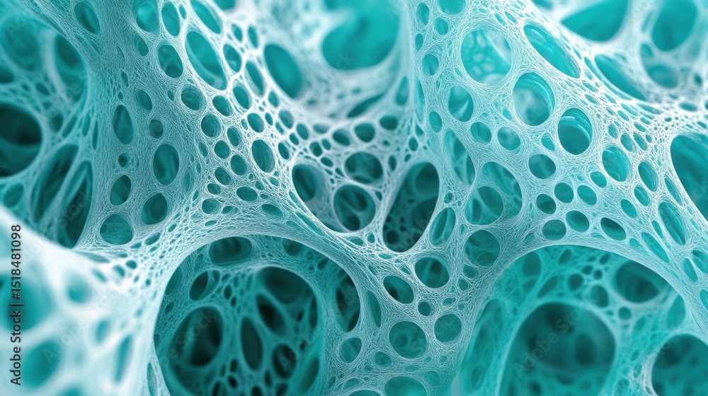 Poster abstract teal network mesh, interconnected nodes and lines forming a complex structure.