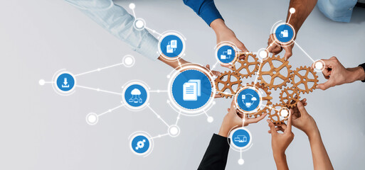 A dynamic scene showcasing hands collaboratively working with gears, symbolizing teamwork and...