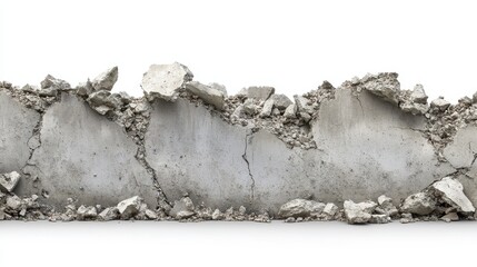 A close-up shot of a crumbling concrete wall with debris at the base, isolated on a white background.