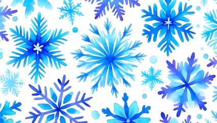 Watercolor snowflake seamless pattern in shades of blue for winter holiday decorations and festive backgrounds
