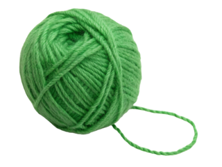 A single ball of bright green yarn sits against a transparent checkered background in a studio shot