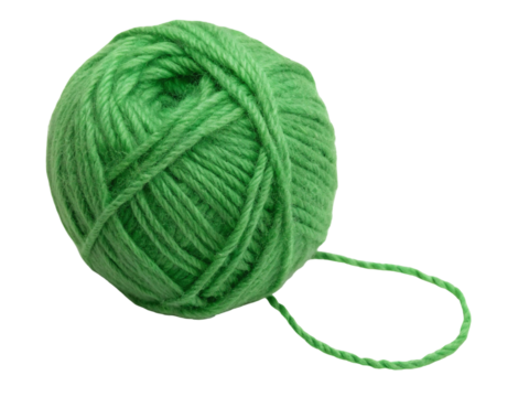 A single ball of bright green yarn sits against a transparent checkered background in a studio shot
