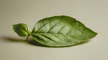 A basil leaf lies on a neutral surface. The leaf's vibrant green color suggests freshness, relevant to generative AI tools and content creation.