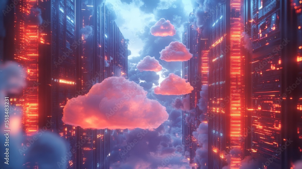 Poster cloud computing concept with servers and cloud icons.