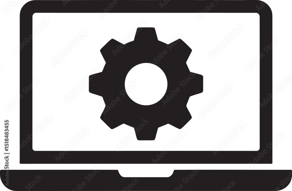 Poster black silhouette of a laptop displaying a gear icon symbolizing settings software configuration and 