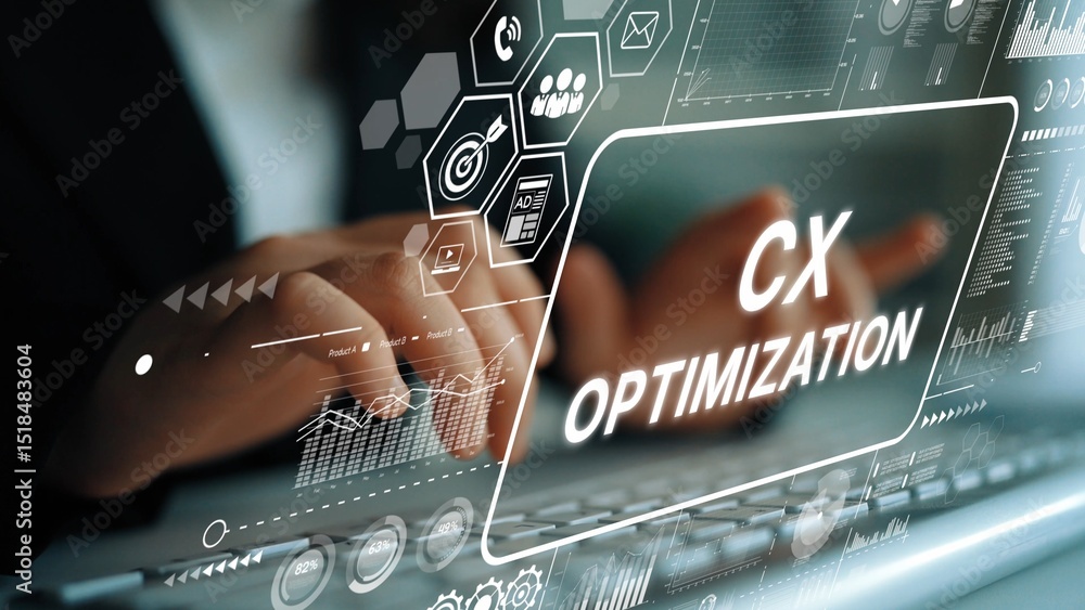 Poster focused professional engaging in customer experience optimization with digital interface elements an