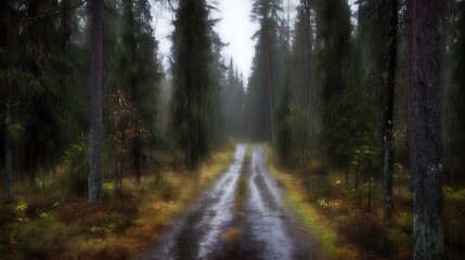 Obraz premium Rainy road through a forest landscape