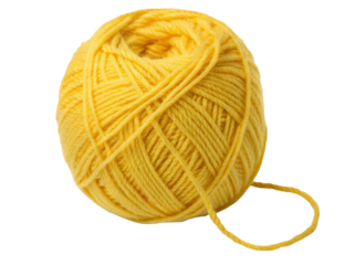 Close up of a single yellow ball of yarn on a white surface with a transparent checkered background
