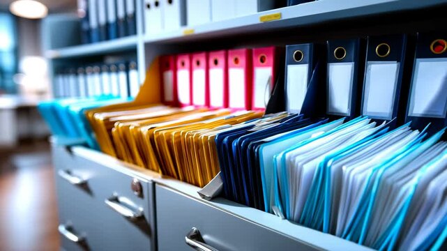 Filing cabinet shows colourful binders neatly arranged to simplify document management workflow