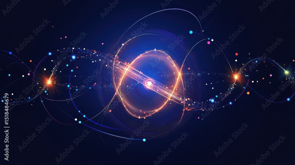 Poster abstract digital art with glowing circles and lines on a dark blue background, with a central neon l