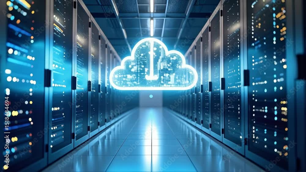 Poster server room corridor with digital cloud computing icon, data center with racks of computer equipment