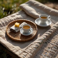 Elegant Coffee and Dessert Setup on a Textured Outdoor Blanket
