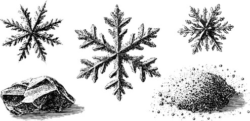 Intricate engraved snowflakes falling with a touch of nature's elements