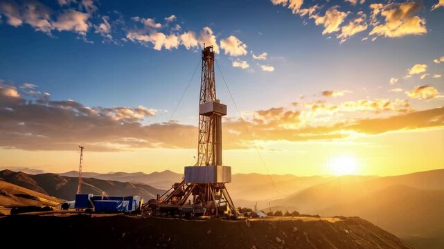 Oil drilling rig on hilltop with mountain backdrop under bright blue sky at sunset