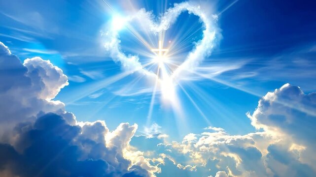 Bright cross illuminates the sky with rays, and the heart-shaped cloud surrounds the symbol with a ring, expressing love for God and eternal faith