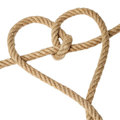 Obraz premium Roughly textured brown rope with a nautical knot, isolated on a white background