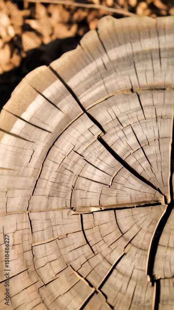 Poster close-up of a weathered tree stump displaying prominent growth rings and radiating cracks creating a