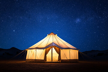 Large tent with light at night with many stars in blue sky