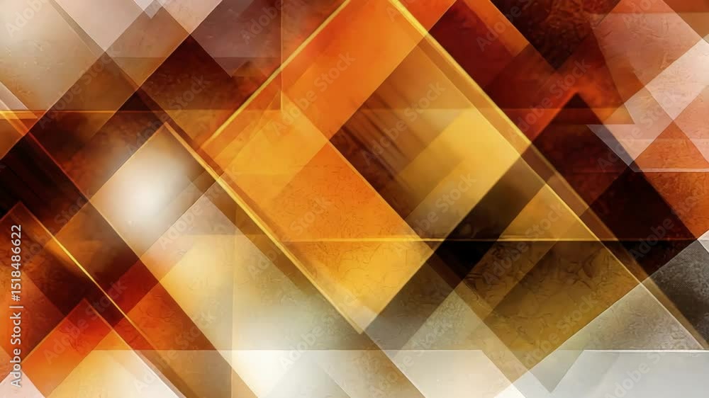 Poster overlapping translucent geometric shapes in shades of orange and brown form a vibrant abstract backg